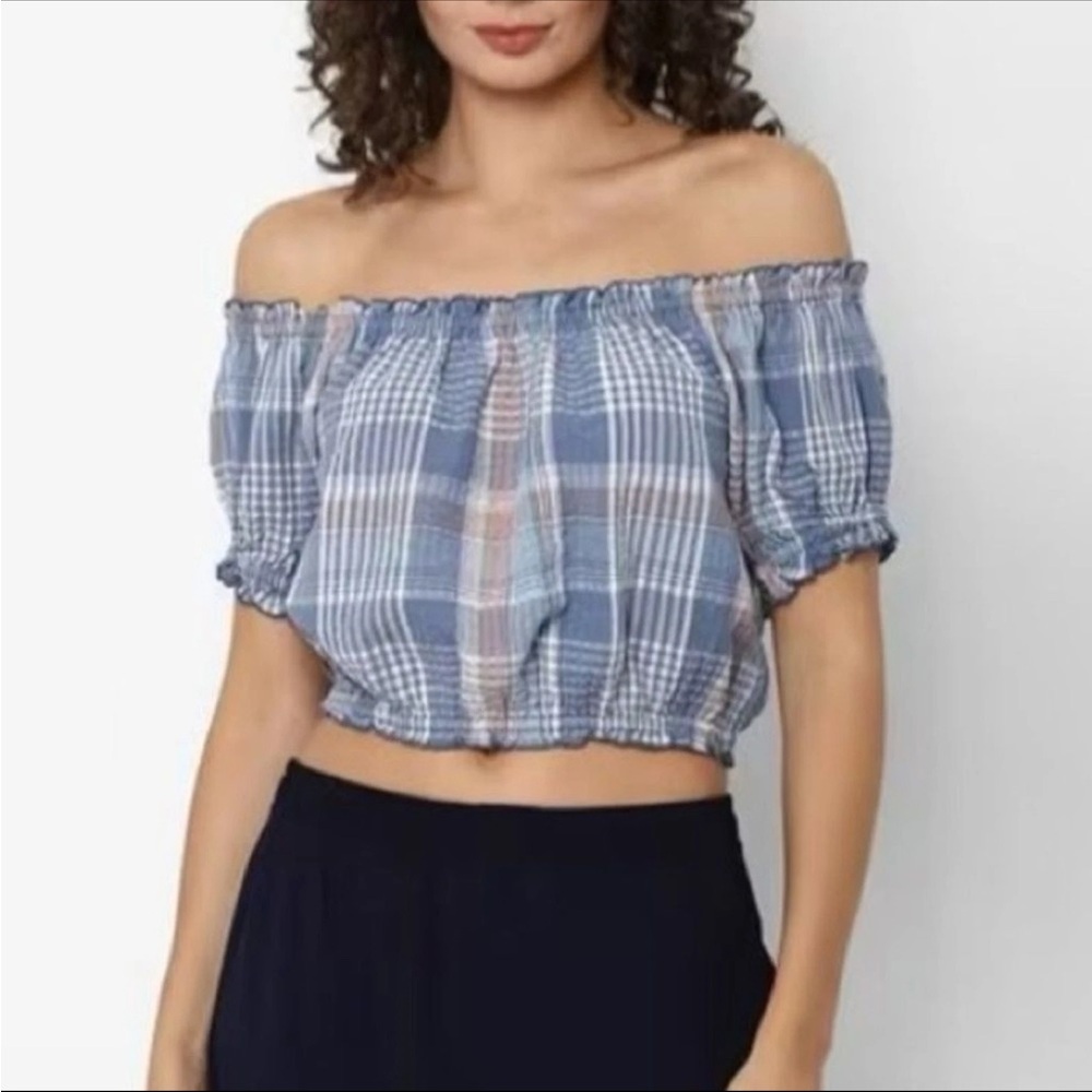 American Eagle Blue Plaid Off The Shoulder Crop Top